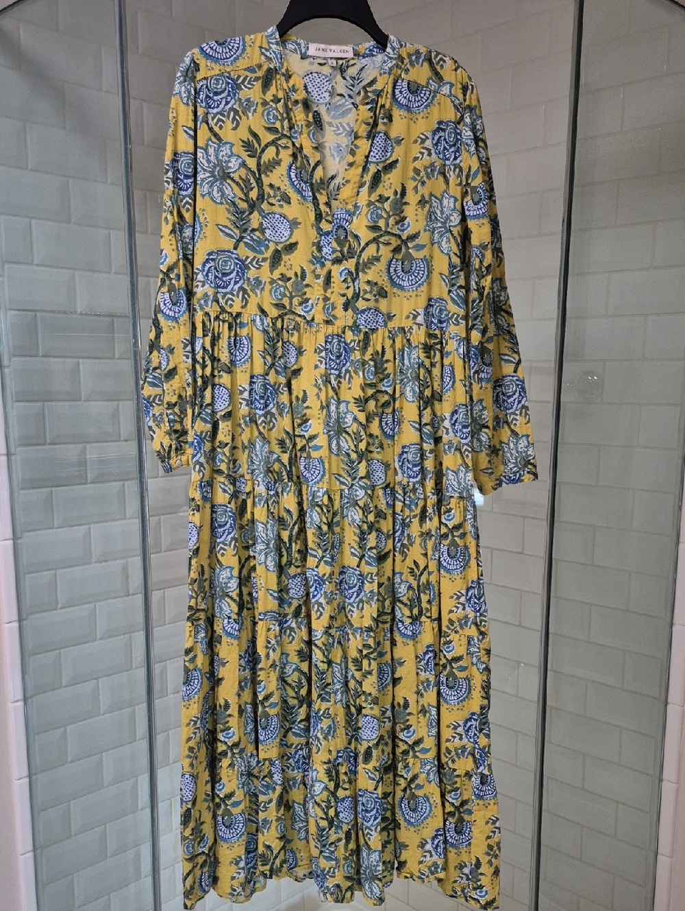 Beautiful Jane Valken Isolde Yellow, Blue, Olive Floral Print Cotton Dress Sz S
